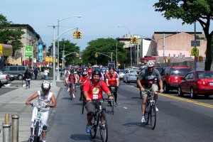 Looking northwest on Bushwick Avenue as Tour de Brooklyn approaches Aberdeen Street on a sunny morning. Photo by Jim.henderson